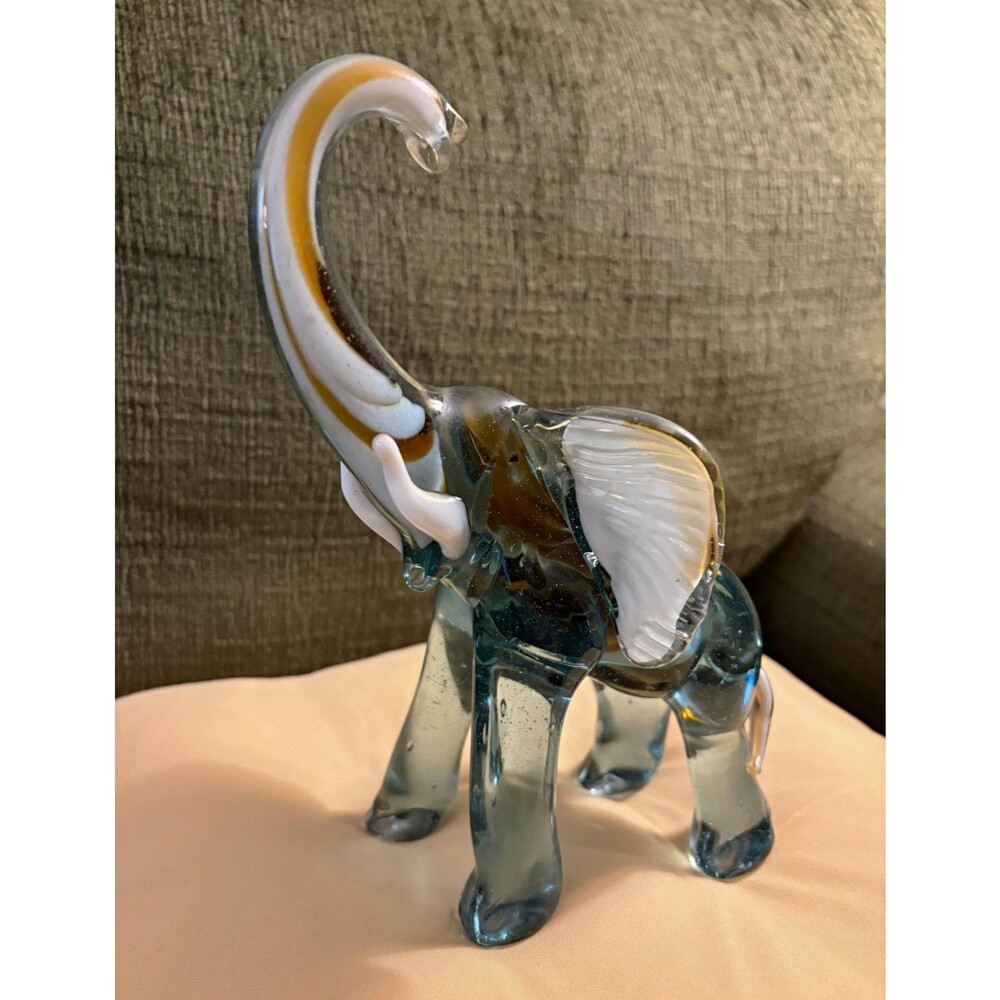 Vintage Blown Art Glass Elephant Blue Green Clear White Amber Swirl Trunk Up